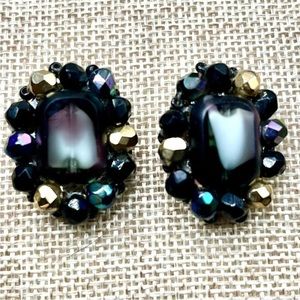 Gorgeous Vintage West Germany Earrings Clip Ons Aurora Borealis Beads Cluster
